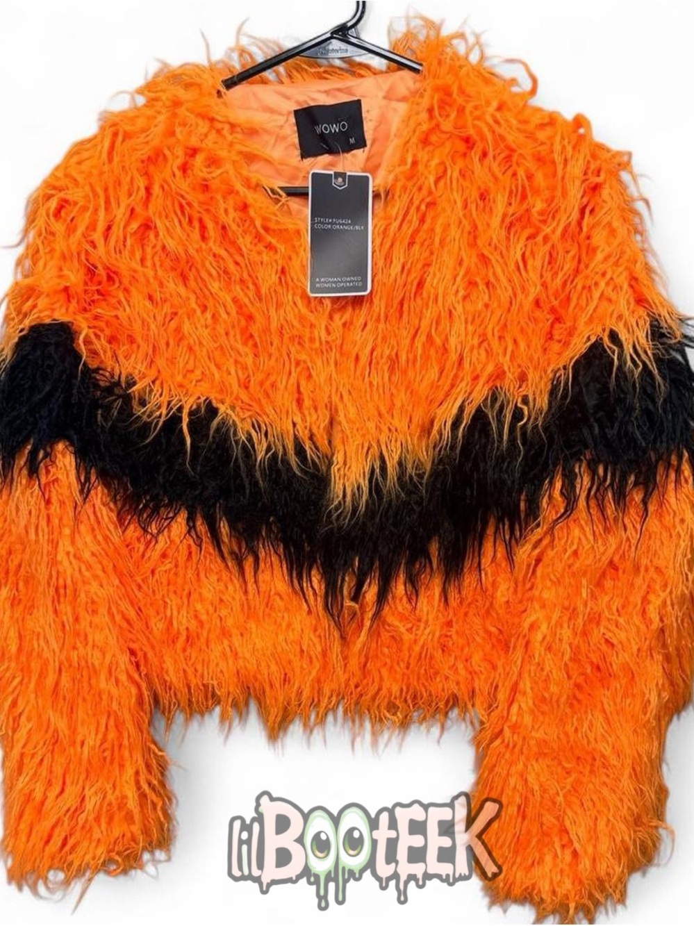 WOWO Orange Faux Fur Jacket with Black Chevron